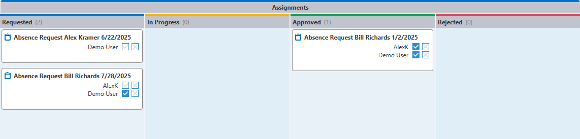 Kanban board with columns Requested, In Progress and Done