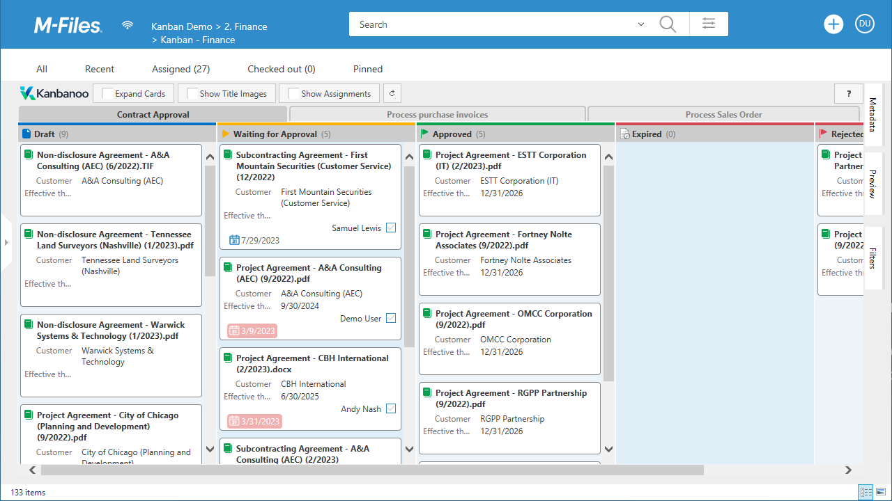 M-Files screenshot with three Kanbanoo boards