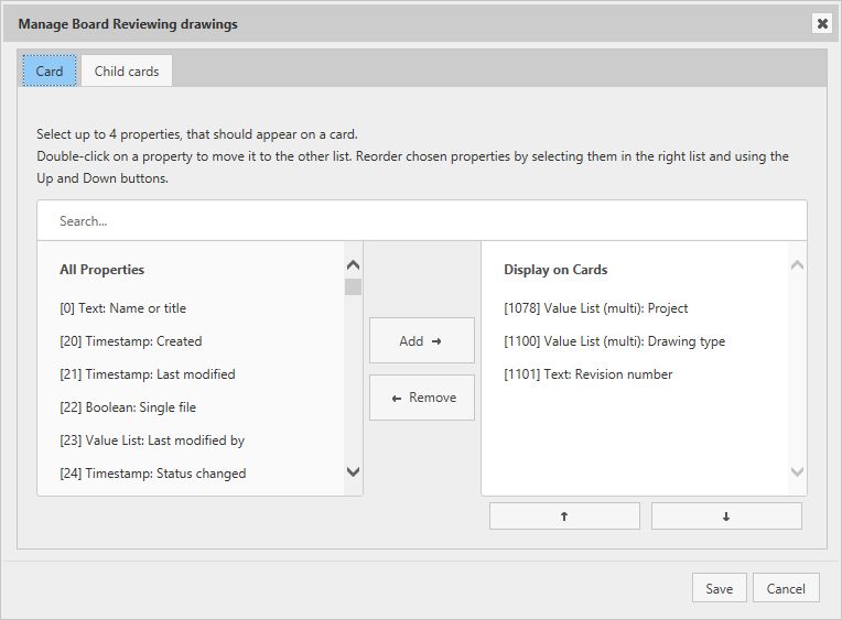 Kanbanoo Configure board dialog with Card tab